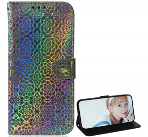 Tok álló, bőr hatású (FLIP, oldalra nyíló, asztali tartó funkció, virág minta) SZÜRKE [Xiaomi Mi 10T Pro 5G]
