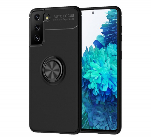 Defender műanyag telefonv&eacute;dő (k&ouml;zepesen &uuml;t&eacute;s&aacute;ll&oacute;, szilikon belső, telefontart&oacute; gyűrű, be&eacute;p&iacute;tett f&eacute;mlemez) FEKETE [Samsung Galaxy S21 Plus (SM-G996) 5G