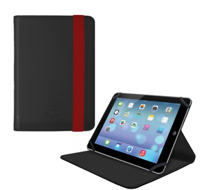 4-OK tok álló, bőr hatású (FLIP, oldalra nyíló, asztali tartó funkció, gumi rögzítés, univerzális, 8" méret) FEKETE [Alcatel Tab 1T 7  WIFI (OT-9309)]