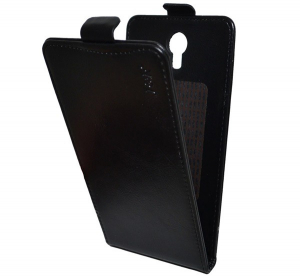 Tok álló, bőr hatású (FLIP, lefelé nyíló, öntapadós rögzítés) FEKETE [Doogee X6 (X6 Pro)]