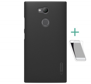 NILLKIN SUPER FROSTED műanyag telefonv&eacute;dő (gum&iacute;rozott, &eacute;rdes fel&uuml;let + k&eacute;pernyőv&eacute;dő f&oacute;lia) FEKETE [Sony Xperia L2 (H4311)]