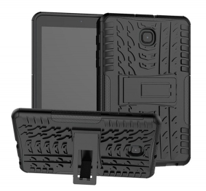 Defender műanyag telefonvédő (szilikon belső, kitámasztó, autógumi minta) FEKETE [Samsung Galaxy Tab A 8.0 (2018) (SM-T387)]