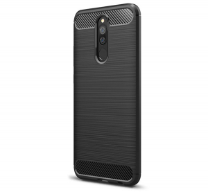 Szilikon telefonv&eacute;dő (k&ouml;zepesen &uuml;t&eacute;s&aacute;ll&oacute;, l&eacute;gp&aacute;rn&aacute;s sarok, sz&aacute;lcsiszolt, karbon minta) FEKETE [Xiaomi Redmi 8A]