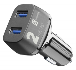 CELLULARLINE aut&oacute;s t&ouml;ltő 2 USB aljzat (9V / 2000 mA, 36W, adapt&iacute;v gyorst&ouml;lt&eacute;s t&aacute;mogat&aacute;s) FEKETE (CBRUSB2QC36WK)