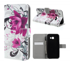 Tok &aacute;ll&oacute;, bőr hat&aacute;s&uacute; (FLIP, oldalra ny&iacute;l&oacute;, asztali tart&oacute; funkci&oacute;, l&oacute;tuszvir&aacute;g minta) FEH&Eacute;R [Samsung Galaxy A3 (2017) SM-A320F]