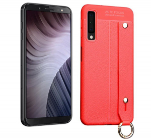 Szilikon telefonv&eacute;dő (k&ouml;zepesen &uuml;t&eacute;s&aacute;ll&oacute;, asztali tart&oacute; funkci&oacute;, bőr hat&aacute;s&uacute;, varr&aacute;s minta + k&eacute;zp&aacute;nt) PIROS [Samsung Galaxy A7 (2018) SM-A750F]