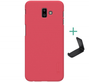 NILLKIN SUPER FROSTED műanyag telefonv&eacute;dő (gum&iacute;rozott, &eacute;rdes fel&uuml;let + asztali tart&oacute;) PIROS [Samsung Galaxy J6 Plus (SM-J610F)]