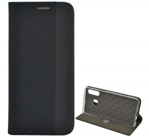 Tok &aacute;ll&oacute;, bőr hat&aacute;s&uacute; (FLIP, oldalra ny&iacute;l&oacute;, asztali tart&oacute; funkci&oacute;, textil minta) FEKETE [Huawei P30 Lite (Nova 4e)]