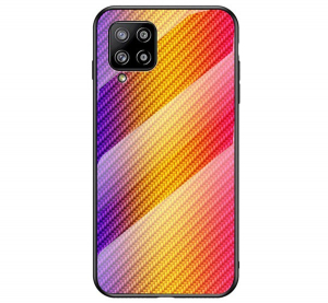 Telefonvédő szilikon keret (BUMPER, edzett üveg hátlap, karbon minta) SÁRGA [Samsung Galaxy A42 5G (SM-A425F)]