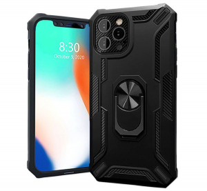 4-OK defender műanyag telefonvédő (közepesen ütésálló, szilikon belső, telefontartó gyűrű, beépített fémlemez) FEKETE [Apple iPhone 13 Pro]