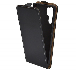 Tok álló, bőr hatású (FLIP, lefelé nyíló, szilikon tartó) FEKETE [Huawei P30 Pro]