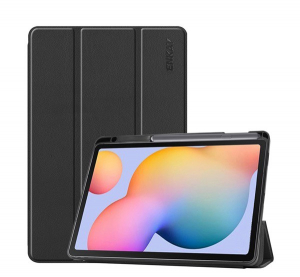ENKAY tok álló, bőr hatású (aktív FLIP, oldalra nyíló, TRIFOLD asztali tartó funkció, tolltartó) FEKETE [Samsung Galaxy Tab S6 Lite 10.4 LTE (SM-P619)