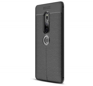 Szilikon telefonvédő (közepesen ütésálló, bőr hatású, varrás minta) FEKETE [Sony Xperia XZ2 Premium (H8166)]