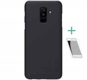 NILLKIN SUPER FROSTED műanyag telefonv&eacute;dő (gum&iacute;rozott, &eacute;rdes fel&uuml;let + k&eacute;pernyőv&eacute;dő f&oacute;lia) FEKETE [Samsung Galaxy A6+ (2018) SM-A605F]