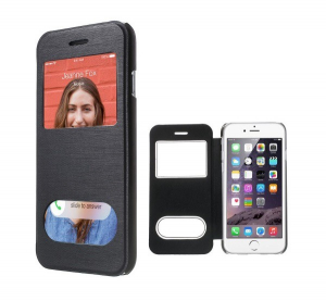 Tok álló, bőr hatású (FLIP, oldalra nyíló, átlátszó hátlap, hívásfelvételhez kivágás, S-View Cover) FEKETE [Apple iPhone 6S 4.7]