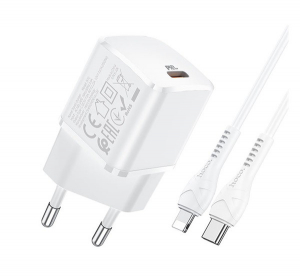 HOCO N10 STARTER h&aacute;l&oacute;zati t&ouml;ltő Type-C aljzat (5V/3000mA, 20W, PD gyorst&ouml;lt&eacute;s, QC 3.0 + Type-C - lightning 8pin) FEH&Eacute;R (N10_TYPE_C)