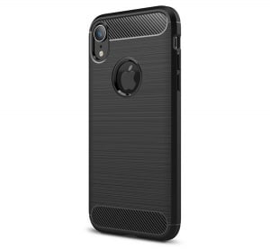 Szilikon telefonvédő (közepesen ütésálló, légpárnás sarok, szálcsiszolt, karbon minta, logo kivágás) FEKETE [Apple iPhone XR 6.1]
