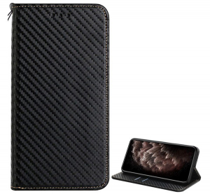 Tok álló, bőr hatású (FLIP, oldalra nyíló, asztali tartó funkció, karbon minta) FEKETE [Samsung Galaxy S22 5G (SM-S901)]
