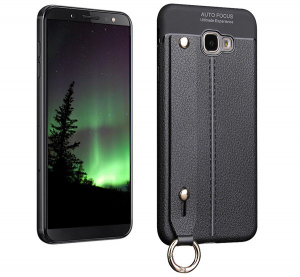 Szilikon telefonvédő (közepesen ütésálló, asztali tartó funkció, bőr hatású, varrás minta + kézpánt) FEKETE [Samsung Galaxy J4 Plus (SM-J415F)]