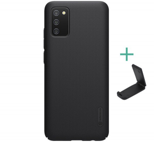 NILLKIN SUPER FROSTED műanyag telefonv&eacute;dő (gum&iacute;rozott, &eacute;rdes fel&uuml;let + asztali tart&oacute;) FEKETE [Samsung Galaxy A02s (SM-A025F)]