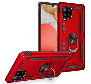 Defender műanyag telefonvédő (közepesen ütésálló, szilikon belső, telefontartó gyűrű, beépített fémlemez) PIROS [Samsung Galaxy A42 5G (SM-A425F)]