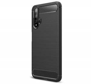 Szilikon telefonvédő (közepesen ütésálló, légpárnás sarok, szálcsiszolt, karbon minta) FEKETE [Huawei Nova 5T]