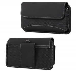 Tok fekvő, bőr hatású (univerzális, övre fűzhető, tépőzáras, textil, bőr hatású bevonat, 5.5" méret) FEKETE [Apple iPhone SE 3 (2022)]