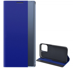 Tok álló, textil hatású (aktív FLIP, oldalra nyíló, asztali tartó funkció, Smart View Cover) SÖTÉTKÉK [Apple iPhone 13 Pro]