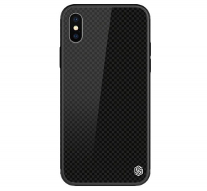 NILLKIN TEMPERED PLAID telefonv&eacute;dő szilikon keret (BUMPER, edzett &uuml;veg h&aacute;tlap, n&eacute;gyzet minta) FEKETE [Apple iPhone XS Max 6.5]