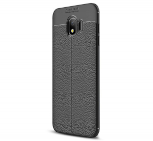Szilikon telefonvédő (közepesen ütésálló, bőr hatású, varrás minta) FEKETE [Samsung Galaxy J4 (2018) SM-J400F]