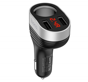 HOCO Z29 szivargyújtó adapter (elosztó) 2in1 2 USB aljzat (100W, 3100mA, LED kijelző, szivartöltő aljzat) FEKETE (Z29)