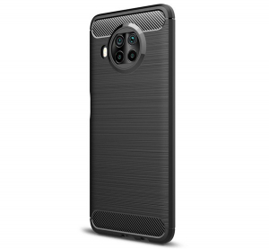 Szilikon telefonvédő (közepesen ütésálló, légpárnás sarok, szálcsiszolt, karbon minta) FEKETE [Xiaomi Mi 10T Lite 5G]