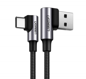 UGREEN adatkábel és töltő (USB - Type-C, 3A, gyorstöltés támogatás, 90 fokos, 50cm, törésgátló, cipőfűző minta) FEKETE (US176 20855)