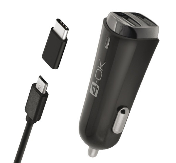 4-OK autós töltő 2 USB aljzat (5V / 3400mA + Type-C adapter + microUSB kábel) FEKETE (CMM3AX)