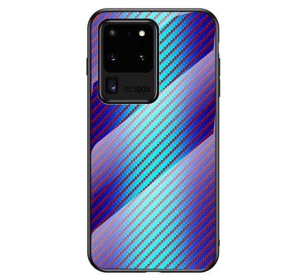 Telefonvédő szilikon keret (BUMPER, edzett üveg hátlap, karbon minta) KÉK [Samsung Galaxy S20 Ultra 5G (SM-G988B)]