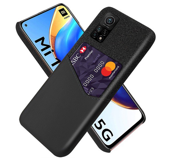 Műanyag telefonvédő (közepesen ütésálló, bankkártya tartó, textil bevonat, bőr hatású hátlap) FEKETE [Xiaomi Mi 10T Pro 5G]