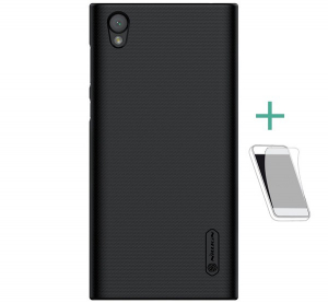 NILLKIN SUPER FROSTED műanyag telefonv&eacute;dő (gum&iacute;rozott, &eacute;rdes fel&uuml;let + k&eacute;pernyőv&eacute;dő f&oacute;lia) FEKETE [Sony Xperia L1 (G3312)]