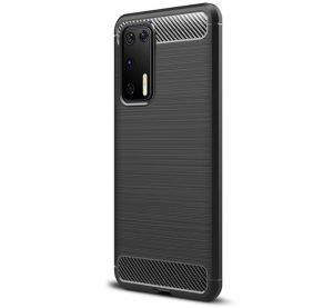 Szilikon telefonv&eacute;dő (k&ouml;zepesen &uuml;t&eacute;s&aacute;ll&oacute;, l&eacute;gp&aacute;rn&aacute;s sarok, sz&aacute;lcsiszolt, karbon minta) FEKETE [Huawei P40]