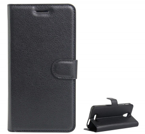 Tok álló, bőr hatású (FLIP, oldalra nyíló, asztali tartó funkció, prémium) FEKETE [Alcatel Pop 4 plus (OT-5056)]