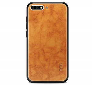 MOFI műanyag telefonv&eacute;dő (szilikon keret, bőr hat&aacute;s&uacute; h&aacute;tlap) BARNA [Huawei Y6 (2018)]