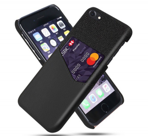 Műanyag telefonv&eacute;dő (k&ouml;zepesen &uuml;t&eacute;s&aacute;ll&oacute;, bankk&aacute;rtya tart&oacute;, textil bevonat, bőr hat&aacute;s&uacute; h&aacute;tlap) FEKETE [Apple iPhone SE 3 (2022)]