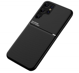 Műanyag telefonvédő (szilikon keret, közepesen ütésálló, beépített fémlemez, bőr hatású hátlap, csíkos minta) FEKETE [Samsung Galaxy S22 Ultra 5G (SM-