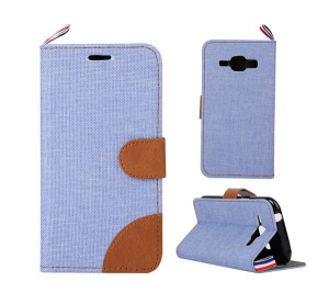 Tok álló, textil (FLIP, oldalra nyíló, asztali tartó funkció) VILÁGOSKÉK [Samsung Galaxy J1 (SM-J100)]