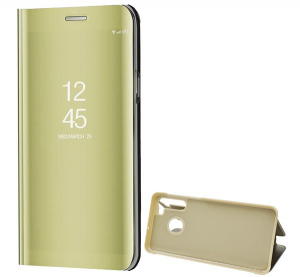 Tok álló (aktív FLIP, oldalra nyíló, asztali tartó funkció, tükrös felület, Mirror View Case) ARANY [Samsung Galaxy A21 (SM-A210F)]