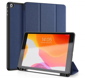 DUX DUCIS DOMO tok álló, bőr hatású (aktív FLIP, oldalra nyíló, TRIFOLD Apple pencil tartó, textil minta) SÖTÉTKÉK [Apple IPAD 10.2 (2021)]