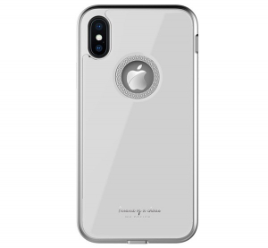 WK GINSTONE műanyag telefonv&eacute;dő (k&ouml;zepesen &uuml;t&eacute;s&aacute;ll&oacute;, &uuml;veg h&aacute;tlap, strasszkő, log&oacute; kiv&aacute;g&aacute;s) FEH&Eacute;R [Apple iPhone XS Max 6.5]