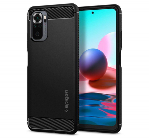 SPIGEN RUGGED ARMOR szilikon telefonvédő (közepesen ütésálló, légpárnás sarok, karbon minta) FEKETE [Xiaomi Redmi Note 10 4G (Note 10s)]