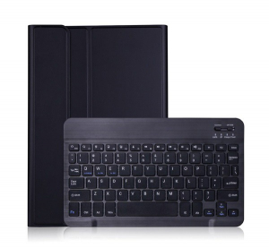 Tok álló, bőr hatású (FLIP, bluetooth billentyűzet, asztali tartó funkció, QWERTY, angol nyelvű) FEKETE [Samsung Galaxy Tab A7 10.4 (2020) LTE SM-T505