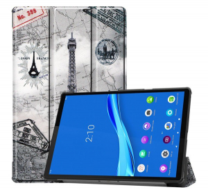 Tok &aacute;ll&oacute;, bőr hat&aacute;s&uacute; (FLIP, oldalra ny&iacute;l&oacute;, TRIFOLD asztali tart&oacute; funkci&oacute;, Eiffel torony, t&eacute;rk&eacute;p minta) SZ&Uuml;RKE [Lenovo Tab M10 FHD Plus (TB-X606X)]