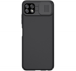 NILLKIN CAMSHIELD műanyag telefonvédő (szilikon keret, közepesen ütésálló, kamera védelem, csíkos) FEKETE [Samsung Galaxy A22 5G (SM-A226)]